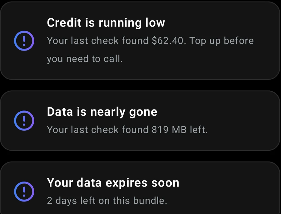 Three warning cards in the app: credit is running low, data is nearly gone, and your data expires soon.